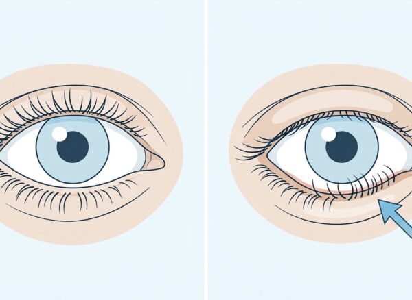 Ilustração comparando pálpebra inferior normal e pálpebra com entrópio virada para dentro.