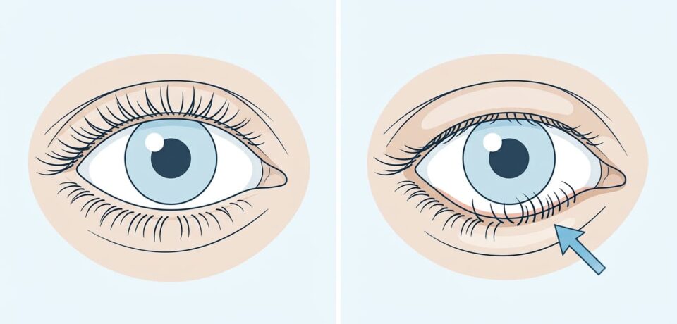 Ilustração comparando pálpebra inferior normal e pálpebra com entrópio virada para dentro.
