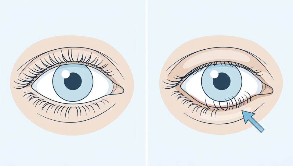 Ilustração comparando pálpebra inferior normal e pálpebra com entrópio virada para dentro.