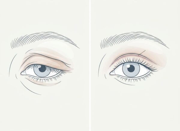 Ilustração comparando pálpebra com excesso de pele e após blefaroplastia.