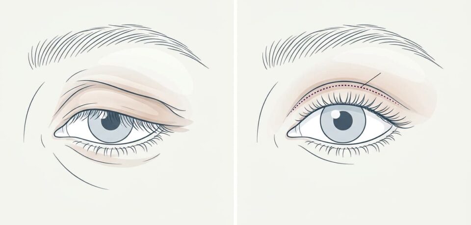 Ilustração comparando pálpebra com excesso de pele e após blefaroplastia.