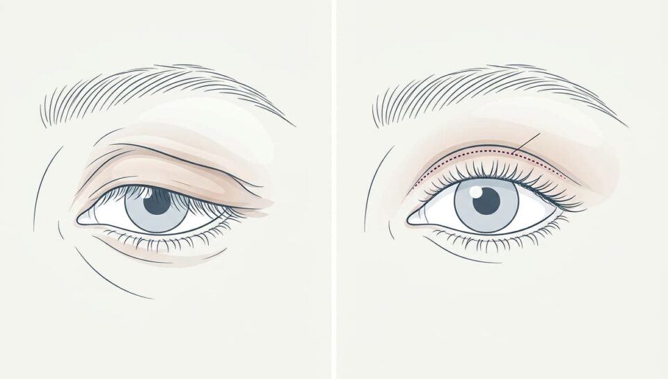 Ilustração comparando pálpebra com excesso de pele e após blefaroplastia.