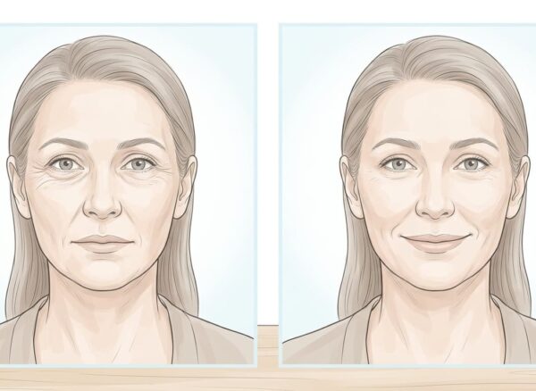 Ilustração mostrando a região periocular antes e depois da aplicação de toxina botulínica.