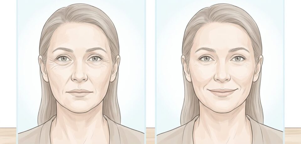 Ilustração mostrando a região periocular antes e depois da aplicação de toxina botulínica.