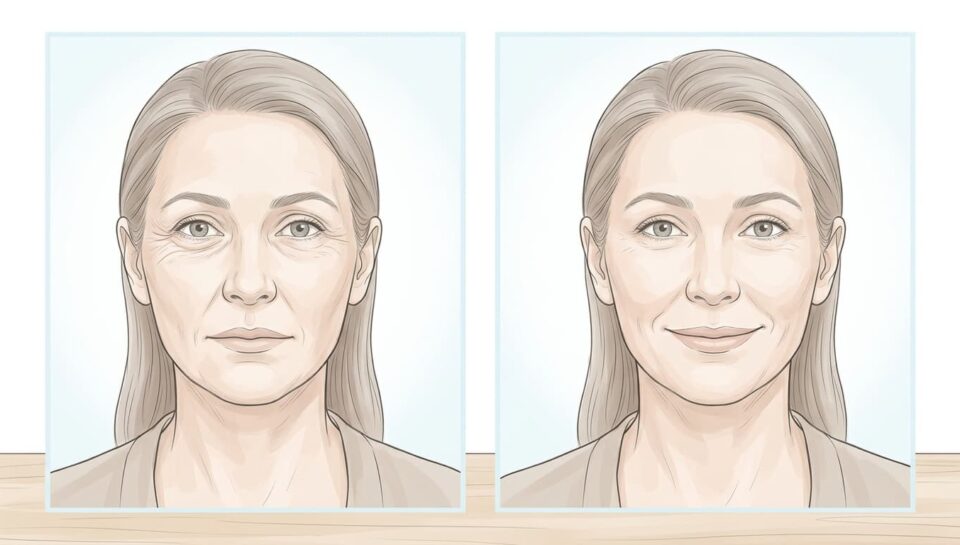 Ilustração mostrando a região periocular antes e depois da aplicação de toxina botulínica.
