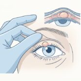 Ilustração de exame clínico de um nódulo na pálpebra durante avaliação oftalmológica.