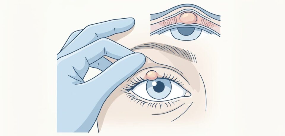 Ilustração de exame clínico de um nódulo na pálpebra durante avaliação oftalmológica.