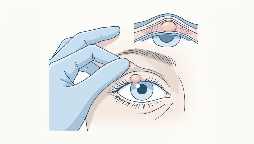 Ilustração de exame clínico de um nódulo na pálpebra durante avaliação oftalmológica. Ilustração de exame clínico de um nódulo na pálpebra durante avaliação oftalmológica.